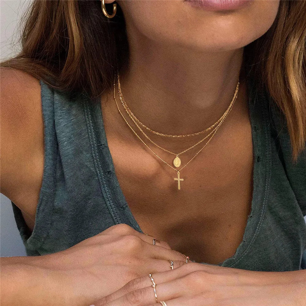 Catholic Church Jesus Necklaces Stainless Steel Multi Layered Cross Choker Necklace For Women New Religious Christian Jewelry