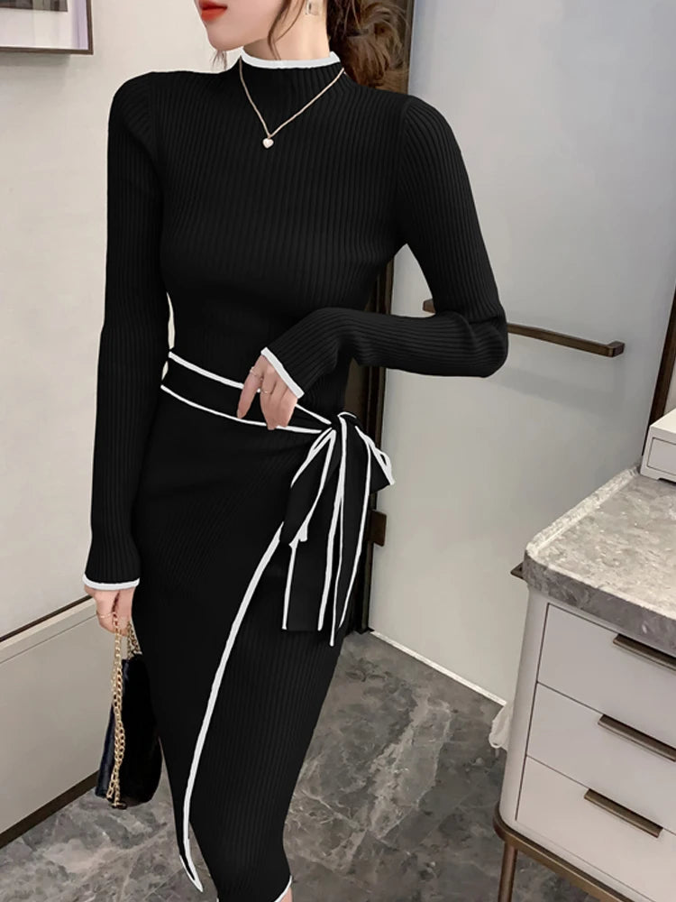 Frauen Gestrickte Kleid Neue Herbst Winter Dünne Spitze-Up Langarm Bodenbildung Pullover Rock Elegante Mode Büro Weibliche Vestidos