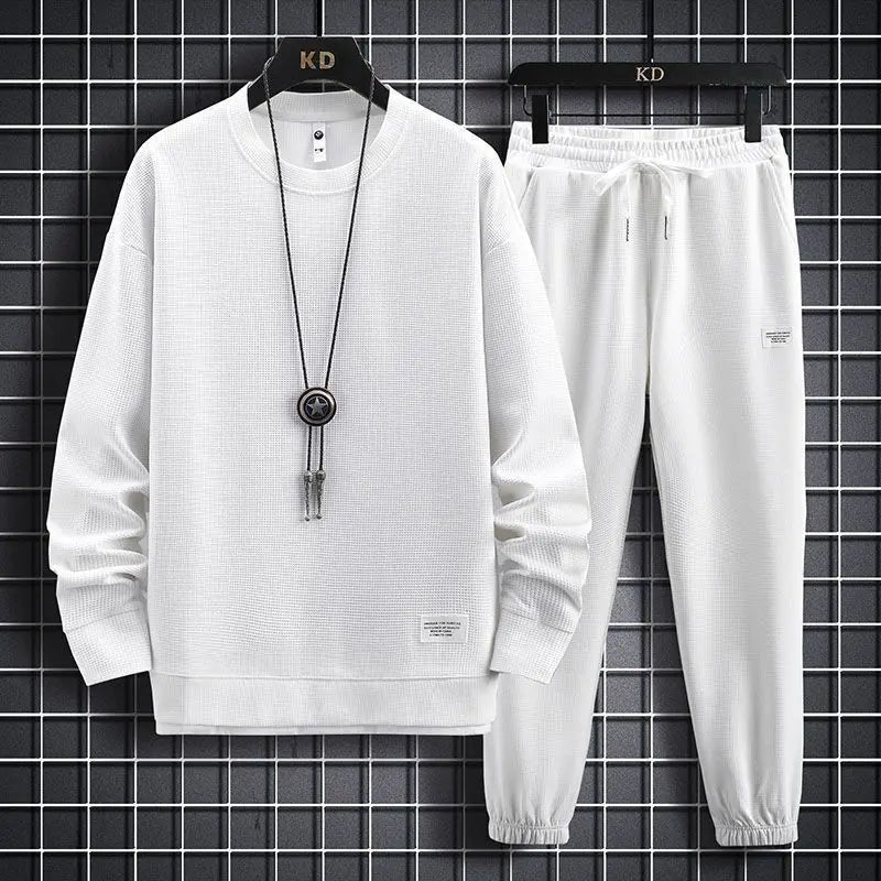 Conjunto Waffle Lounge Masculino – Moletom Casual de 2 Peças & Calças