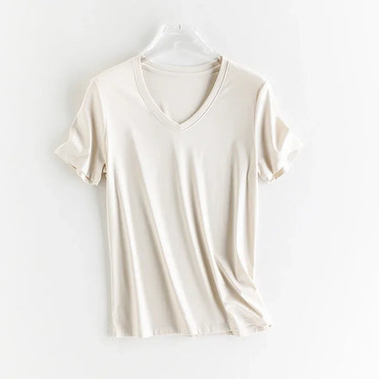 T-shirt i siden och merceriserad bomull – Upplev silkesmjukhet och sofistikerad stil – Finns i v-ringad och rund halsringning