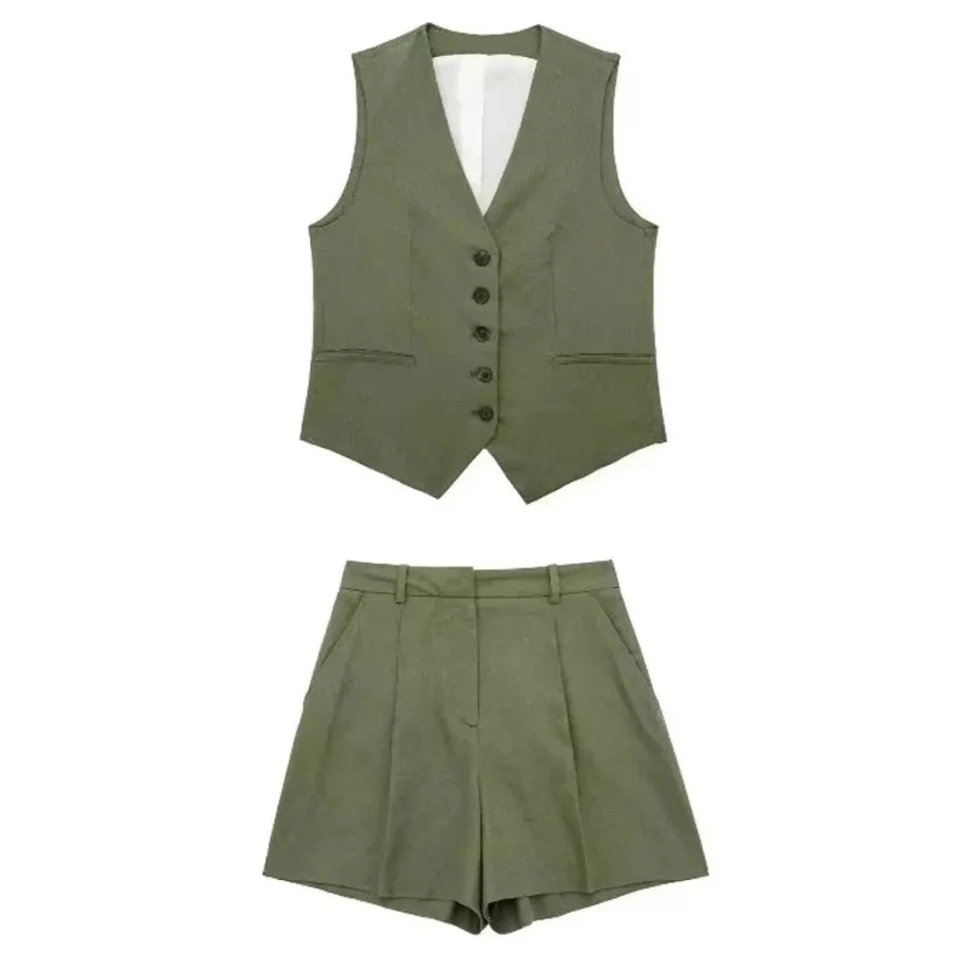 Women’s Linen Vest Shorts Set – V Neck Chic Summer Casual  Office Outfit