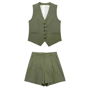 Women’s Linen Vest Shorts Set – V Neck Chic Summer Casual  Office Outfit