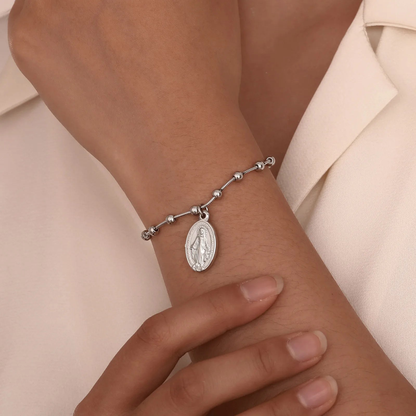 Brazalete de rosario de acero inoxidable de placa de oro para mujeres-Virgen María Pulsera de oración religiosa con cruz