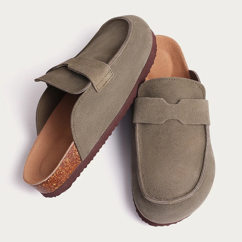 Nieuwe mannen suède klompen slippers zachte dames muilezels zomer kurk klompen slippers buitenstrand sandalen mode niet -slip thuisschoenen