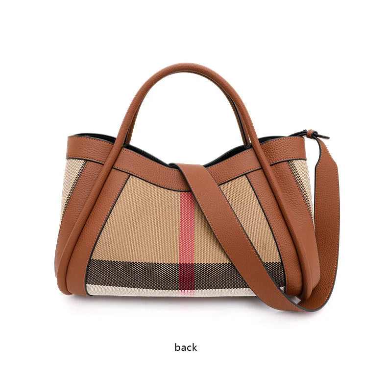 Canvas & Cowhide Leather BB Handbag – Luxury Retro Checkered Tote for Women | Large Capacity & Timeless Style