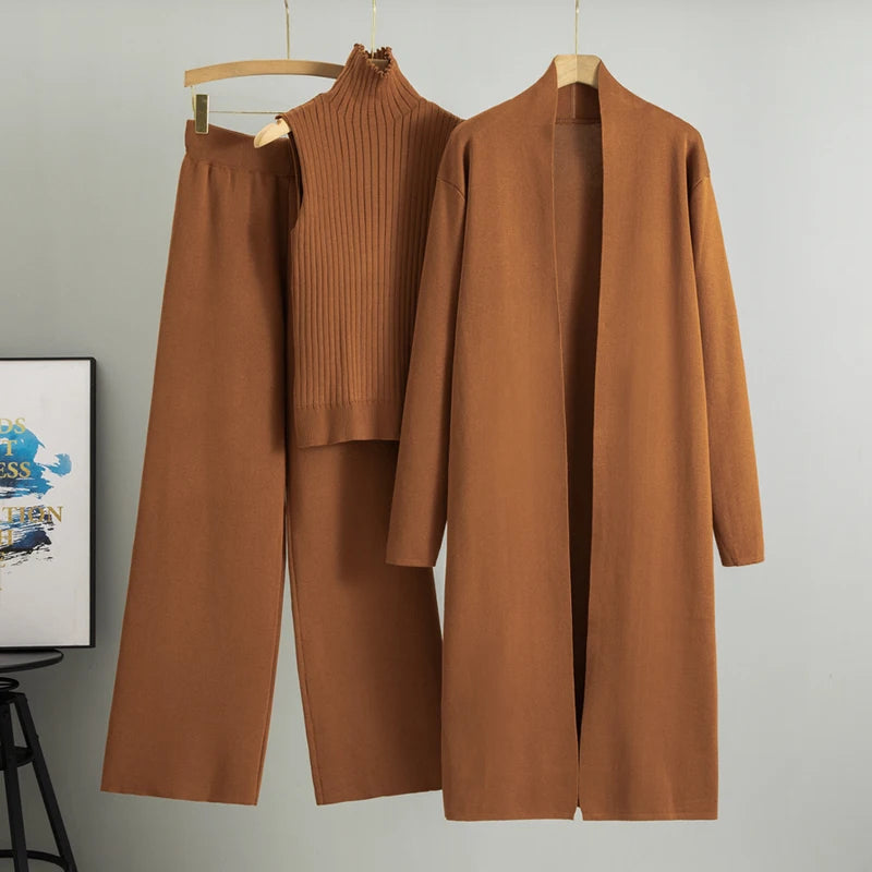 Spring & Autumn 3-Piece Women's Knitwear Set – Vintage-Inspired Lounge Outfit with Cardigan, Top & Pants