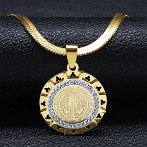 Saint Benedict Medallion Pendant Necklace -Unisex- Stainless Steel Snake Chain - Jewelry