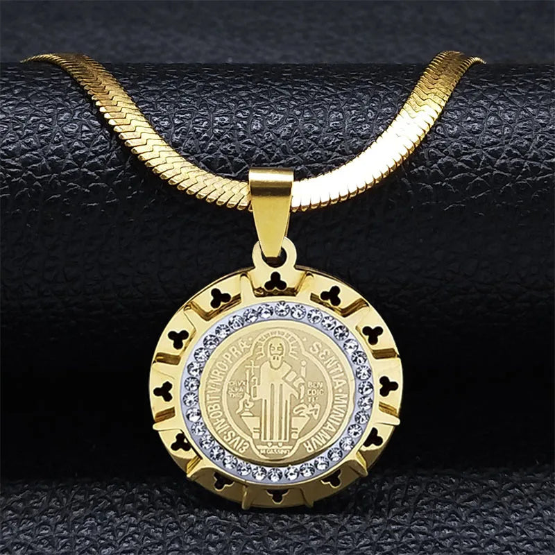 Saint Benedict Medallion Pendant Necklace -Unisex- Stainless Steel Snake Chain - Jewelry