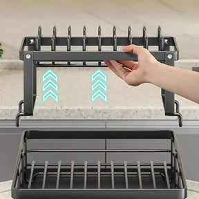 Adjustable Dish Drying Rack & Drainboard Organizer for Kitchen Plates, Over Sink Countertop, Cutlery Storage with Drain Rac
