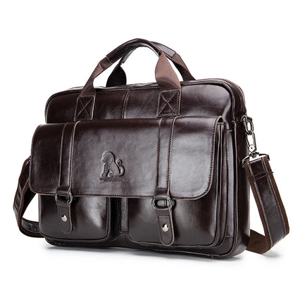 Genuine leather Unisex briefcase with double front pockets, large capacity computer bag, diagonal cross handbag  - Free Shipping to Europe