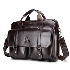 Genuine leather Unisex briefcase with double front pockets, large capacity computer bag, diagonal cross handbag  - Free Shipping to Europe