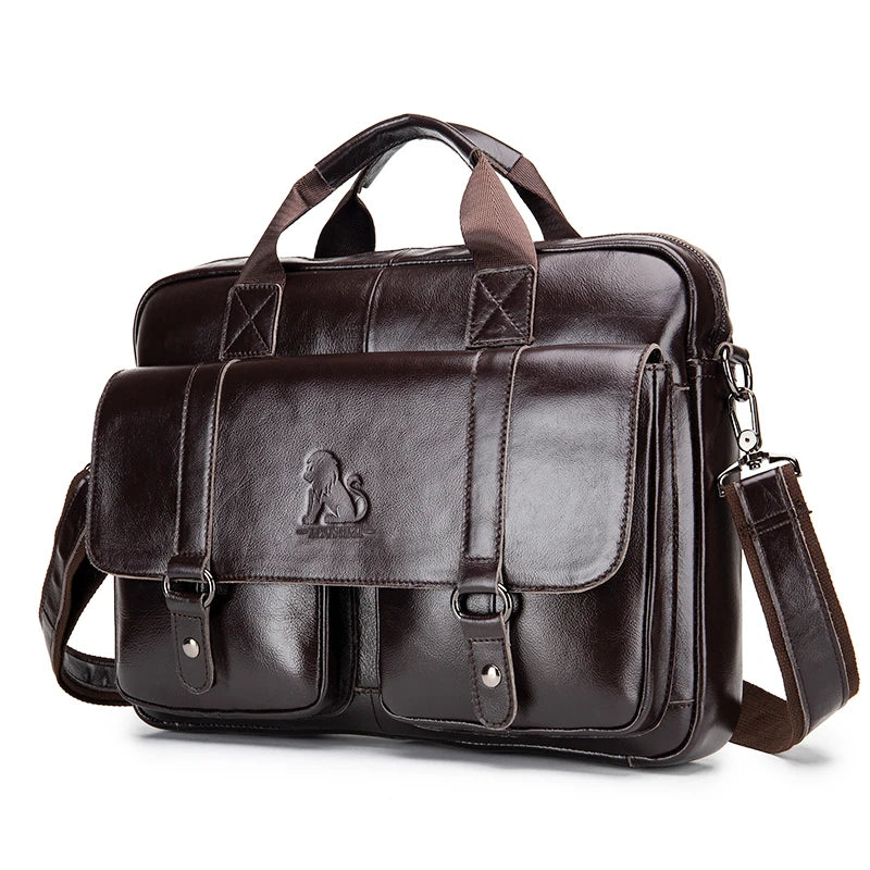 Genuine leather Unisex briefcase with double front pockets, large capacity computer bag, diagonal cross handbag  - Free Shipping to Europe