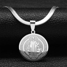 Saint Benedict Medallion Pendant Necklace -Unisex- Stainless Steel Snake Chain - Jewelry