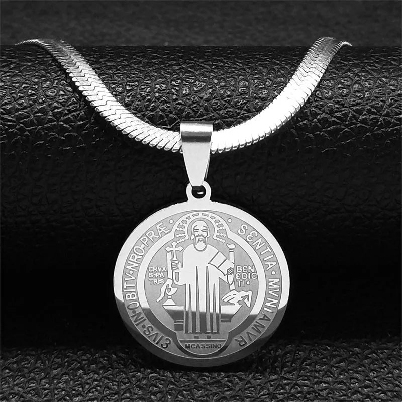 Saint Benedict Medallion Pendant Necklace -Unisex- Stainless Steel Snake Chain - Jewelry