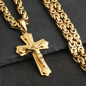 Jesus Cross Necklace  Stainless Steel Crucifix Pendant with Byzantine Chain
