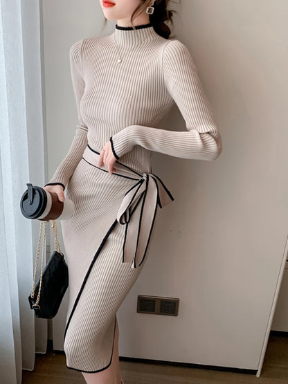 Frauen Gestrickte Kleid Neue Herbst Winter Dünne Spitze-Up Langarm Bodenbildung Pullover Rock Elegante Mode Büro Weibliche Vestidos