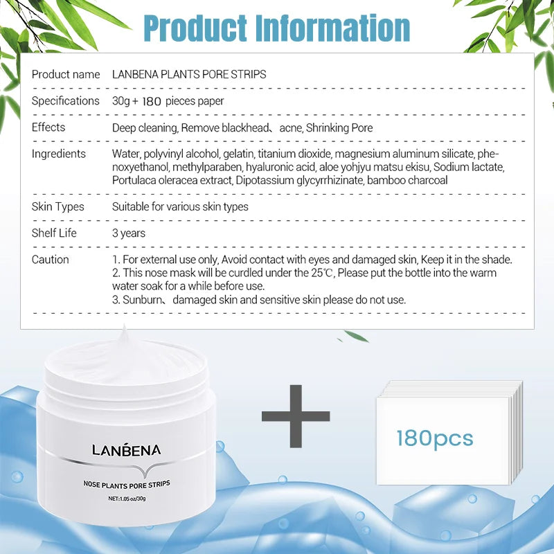 LANBENA Blackhead Remover Peel Off Mask Aloe Vera Extract Oil Control Nose Mask with 180pcs Cleanses for Deep Clean Hydrating