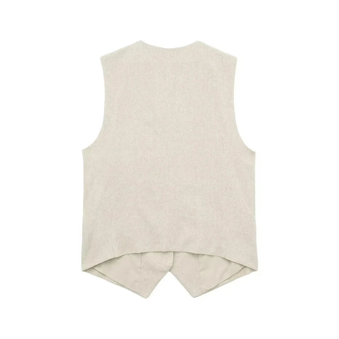 Women’s Linen Vest Shorts Set – V Neck Chic Summer Casual  Office Outfit