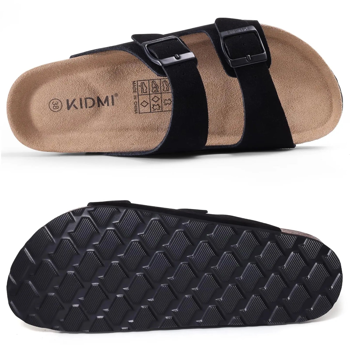 Klassiska unisex korksandaler rutschkanor i ko mocka med valvstöd Anti-halk unisex tofflor med justerbart spänne