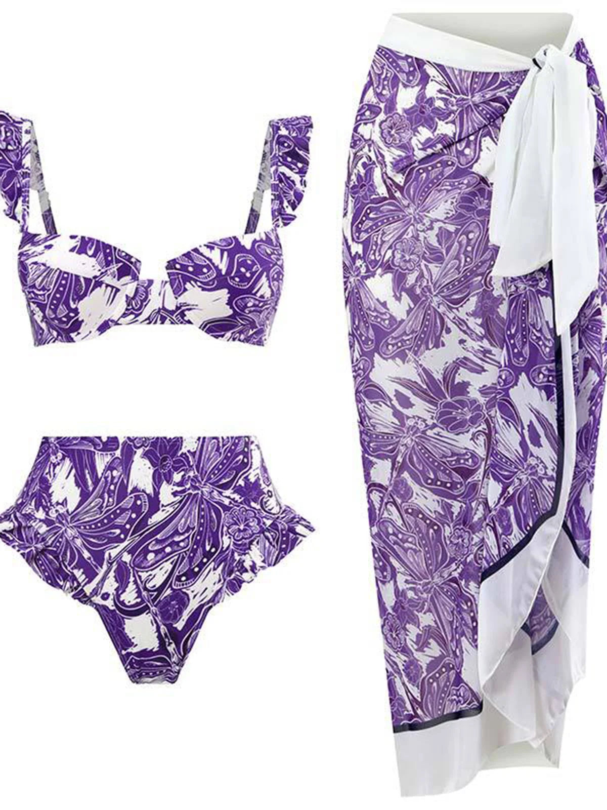 S- XL trykt bøyle badedrakt for kvinner Bikini med høy midje Dame badetøy Tredelt bikinisett Badedrakt Swim V4106