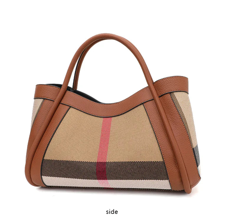 Canvas & Cowhide Leather BB Handbag – Luxury Retro Checkered Tote for Women | Large Capacity & Timeless Style