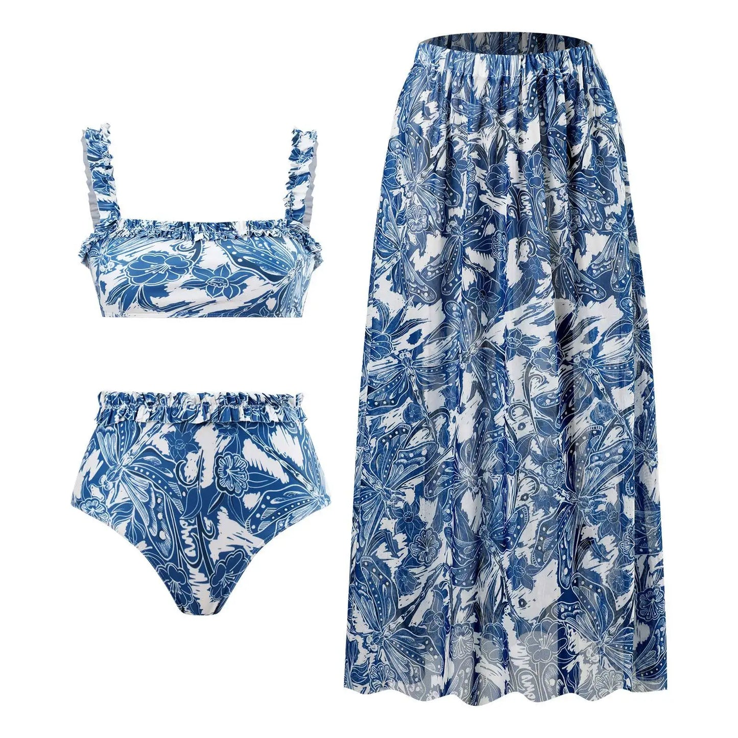 Novo conjunto de biquíni push up – estampa floral, babados, trajes de banho brasileiros com tiras