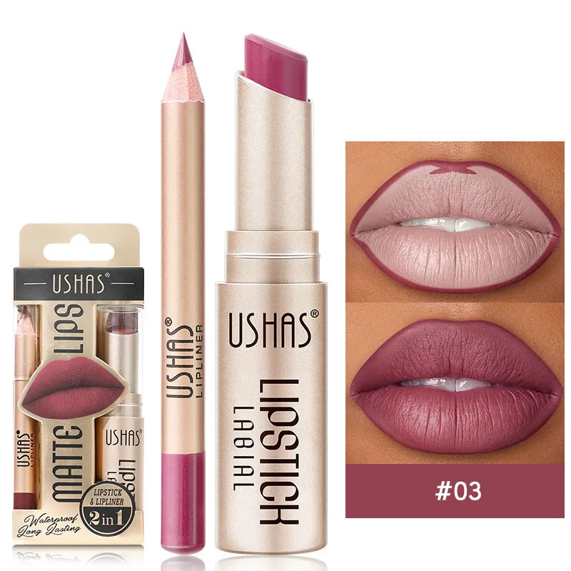 Batom Matte 2 em 1&lConjunto de Lápis Labial IP Liner com 12 Cores, Alta Pigmentação, À Prova D'Água e de Longa Duração - Maquiagem para os Lábios