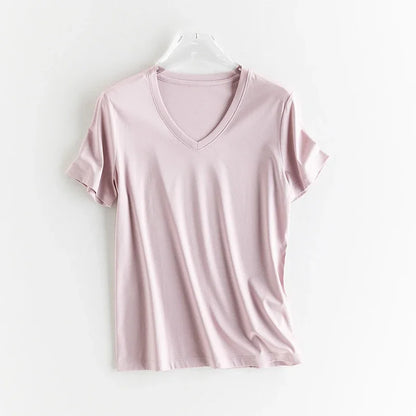 T-shirt i siden och merceriserad bomull – Upplev silkesmjukhet och sofistikerad stil – Finns i v-ringad och rund halsringning