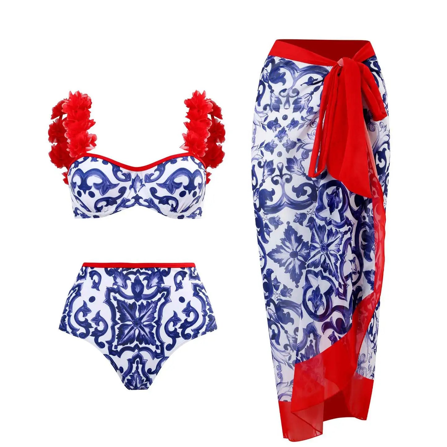 Novo conjunto de biquíni push up – estampa floral, babados, trajes de banho brasileiros com tiras
