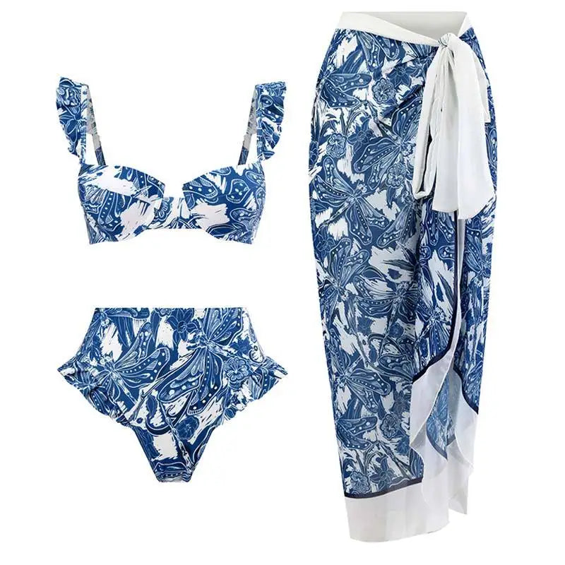Novo conjunto de biquíni push up – estampa floral, babados, trajes de banho brasileiros com tiras
