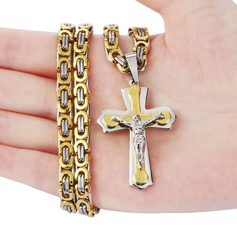 Jesus Cross Necklace  Stainless Steel Crucifix Pendant with Byzantine Chain