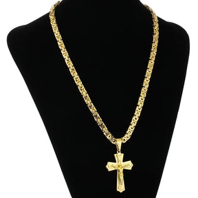 Jesus Cross Necklace  Stainless Steel Crucifix Pendant with Byzantine Chain