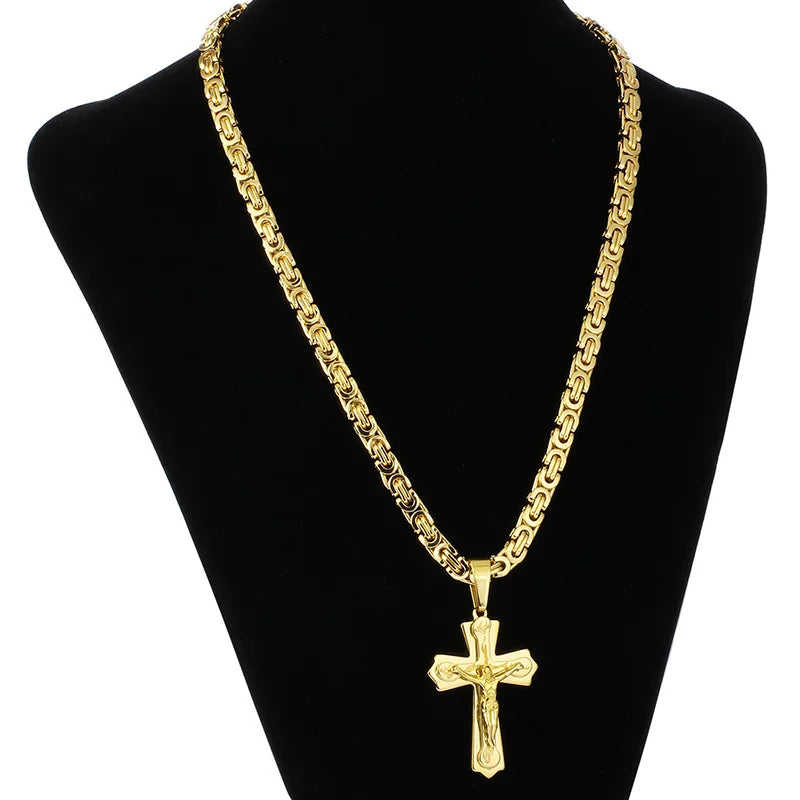 Jesus Cross Necklace  Stainless Steel Crucifix Pendant with Byzantine Chain