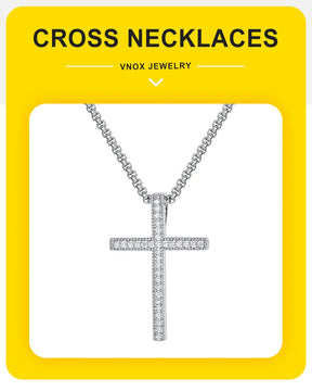 Bling Zircon Cross Pendant Necklace with Box Chain, Unisex Silver Color Simple Christ Cross Collar for Men Women
