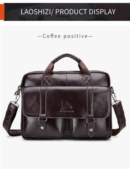 Genuine leather Unisex briefcase with double front pockets, large capacity computer bag, diagonal cross handbag  - Free Shipping to Europe