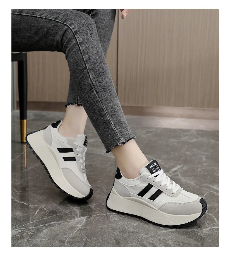 Tênis plataforma feminino primavera/verão – Sapatos casuais de couro patchwork vulcanizado