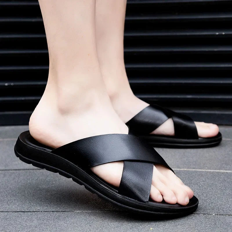 Italiaanse echte lederen pantoffels voor heren-lichtgewicht slip-on zomerse flats tot maat 47