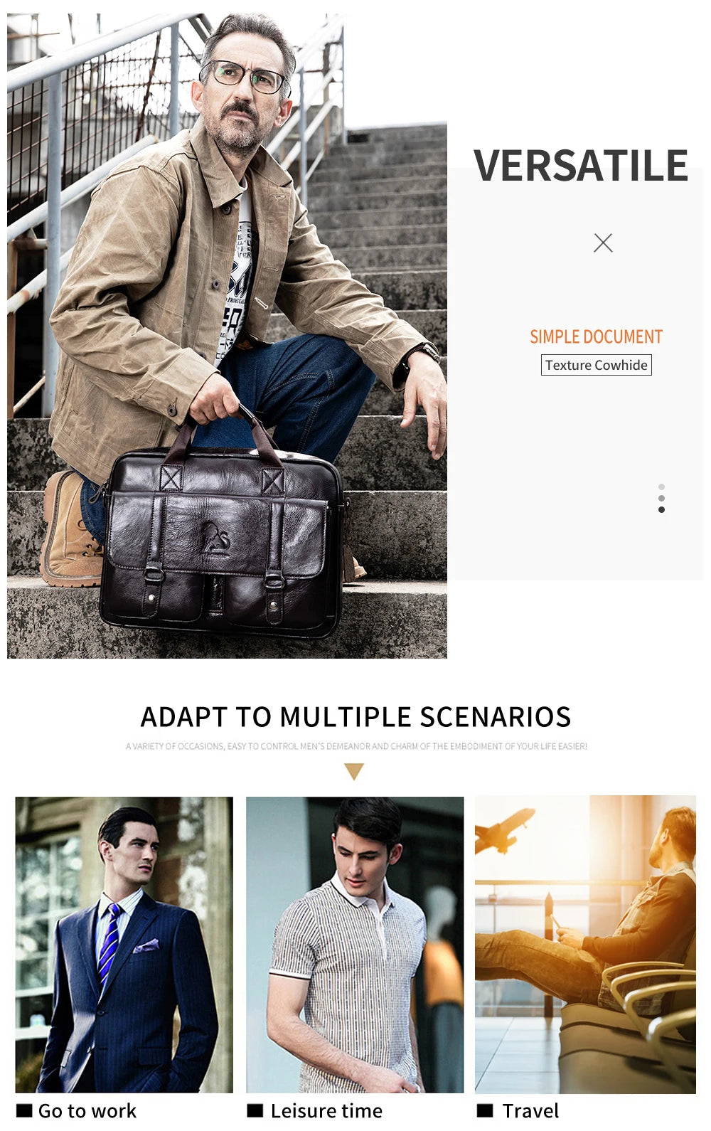 Genuine leather Unisex briefcase with double front pockets, large capacity computer bag, diagonal cross handbag  - Free Shipping to Europe