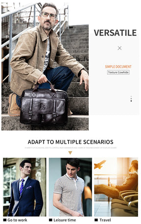 Genuine leather Unisex briefcase with double front pockets, large capacity computer bag, diagonal cross handbag  - Free Shipping to Europe