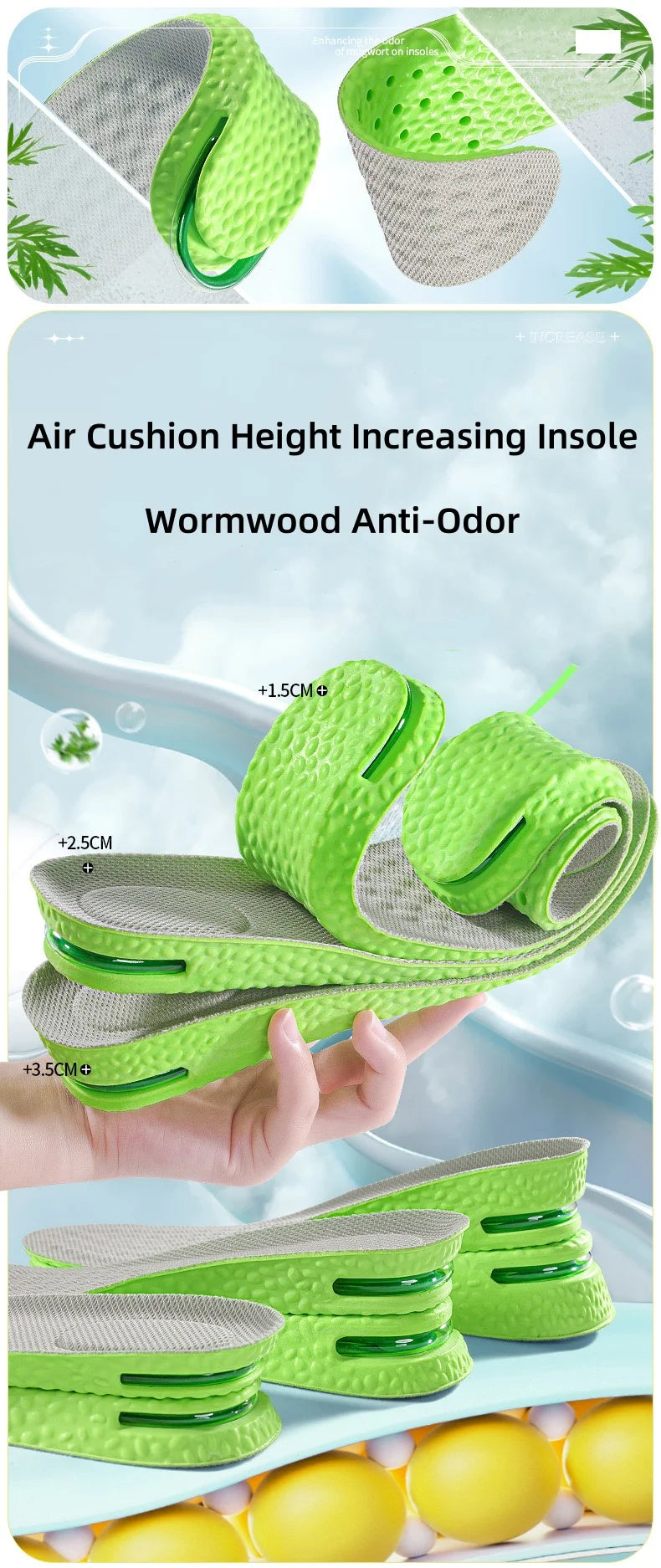 Air Cushion Insoles for Height, Shock Absorption & Odor Control