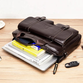 Genuine leather Unisex briefcase with double front pockets, large capacity computer bag, diagonal cross handbag  - Free Shipping to Europe