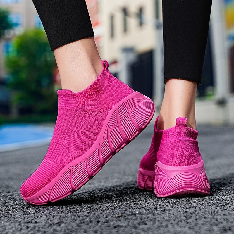 Fashion Platform Sports Shoes High Top Knit Casual Sneakers Lightweight Breathable Slip-on Running Shoes