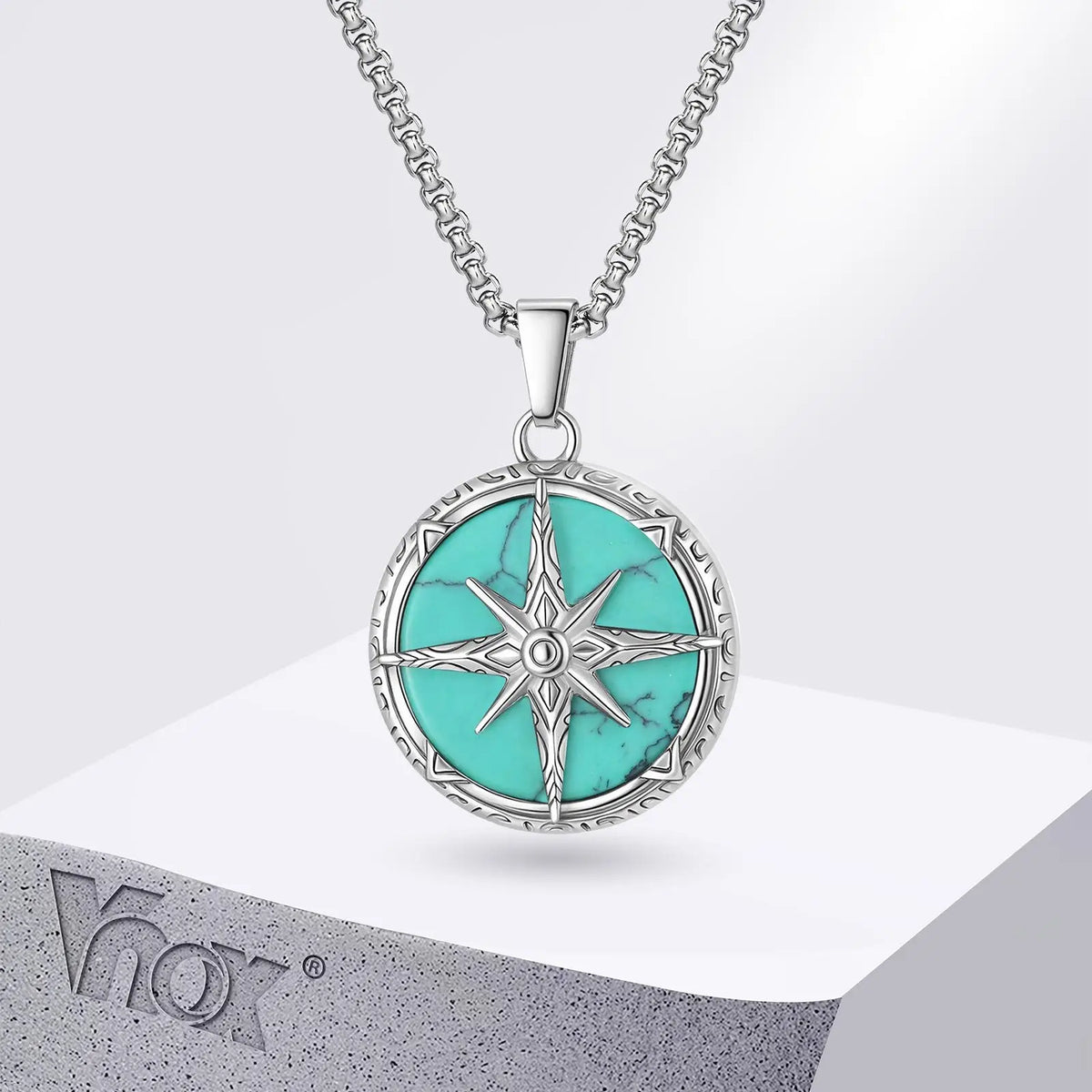 Stainless Steel ‌Eight Awn Star Turquoise Pendant Necklace 24x28x6.2mm Hypoallergenic Jewelry Vintage Gifts for Men Women