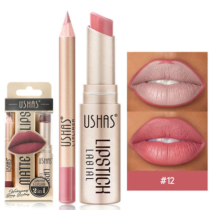 Batom Matte 2 em 1&lConjunto de Lápis Labial IP Liner com 12 Cores, Alta Pigmentação, À Prova D'Água e de Longa Duração - Maquiagem para os Lábios
