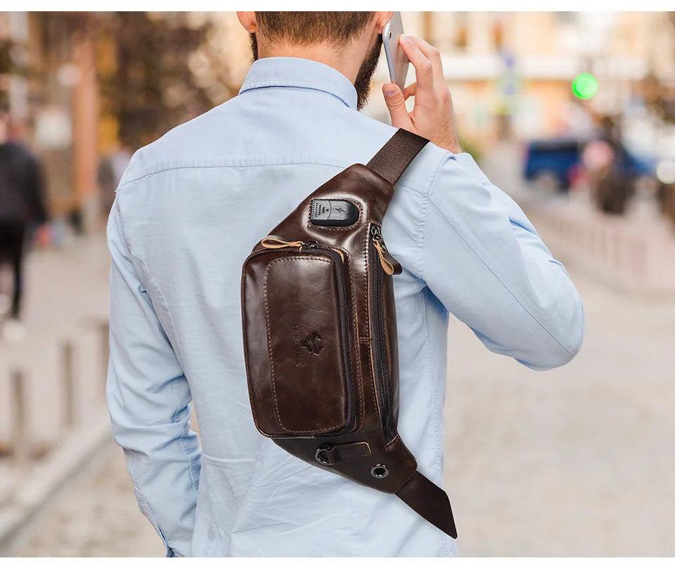 100% Genuine Leather Chest Bag unisex High-Capacity With Durable USB Charging Crossbody Bag - Free Shipping to Europe
