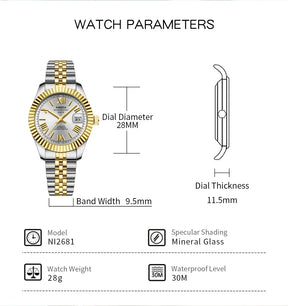 Reloj de mujeres de acero inoxidable impermeable de Miami Express-Dial luminoso, pantalla de fecha, movimiento de cuarzo