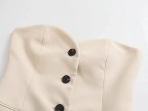 Women’s Elegant Strapless Pant Suit – Buttoned Top & Side Slit Trousers Fashion Set