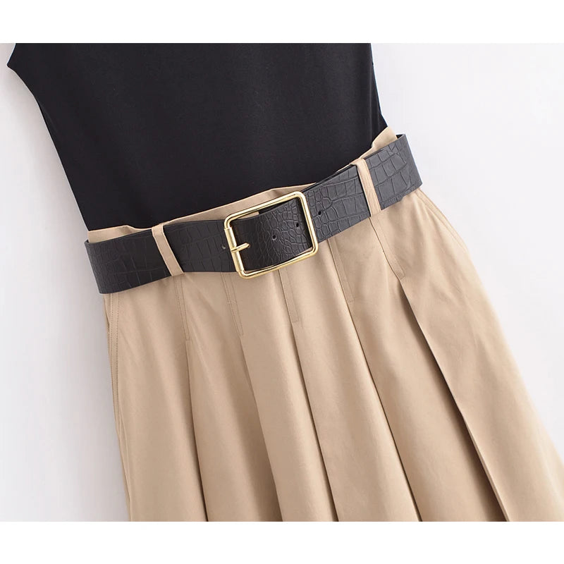 Women’s Pleated Midi Dress – Belted, Sleeveless Summer & Autumn Party Sundress