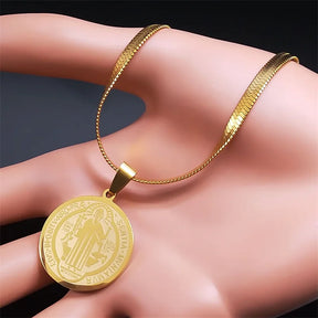 Saint Benedict Medallion Pendant Necklace -Unisex- Stainless Steel Snake Chain - Jewelry