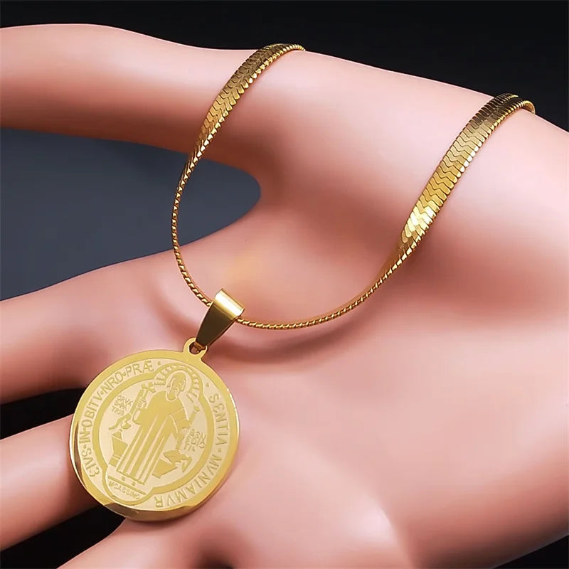 Saint Benedict Medallion Pendant Necklace -Unisex- Stainless Steel Snake Chain - Jewelry